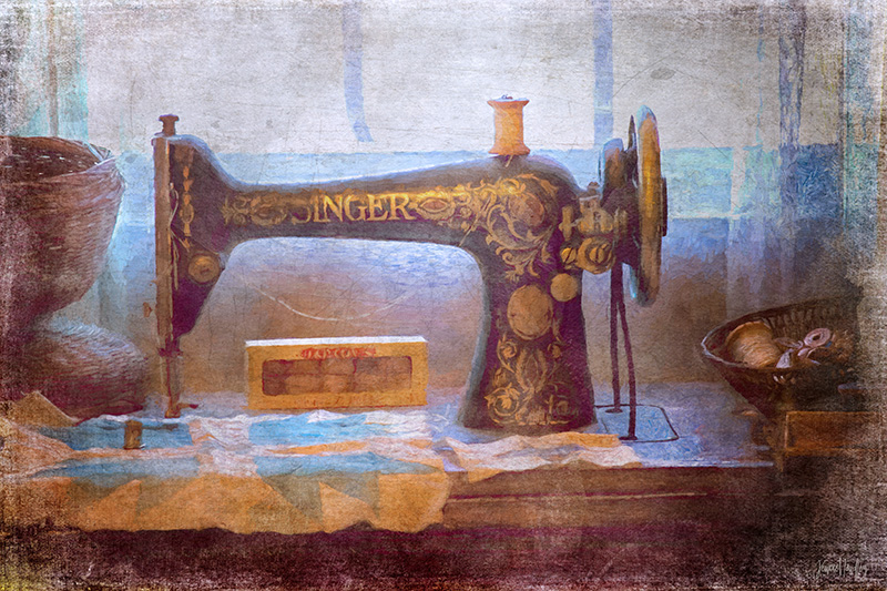 Painterly image of a Singer sewing machine with quilt block